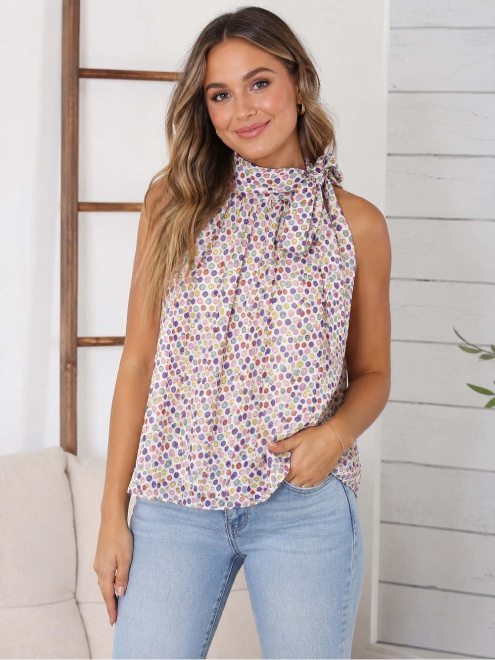 Basically Me Colorful Abstract Dot High Neck Sleeveless Top - Size Medium